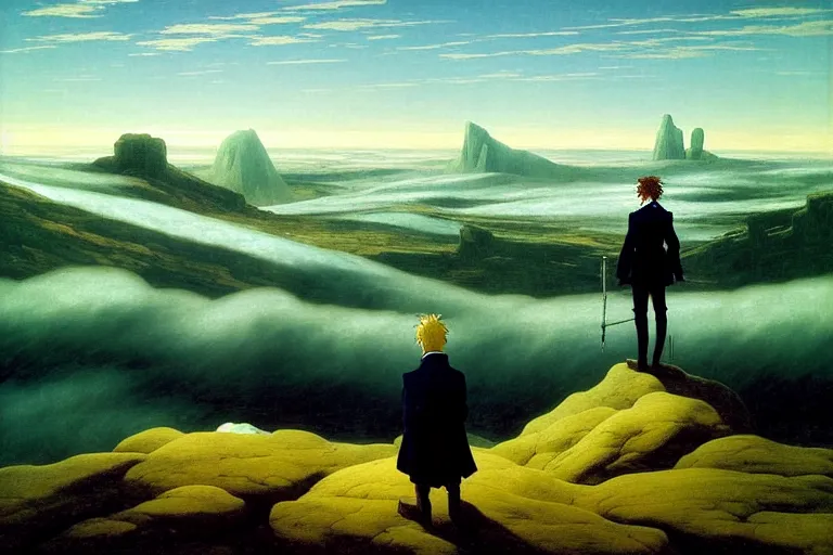 Image similar to anime key visual of wanderer above the sea of fog by caspar david friedrich 1 8 1 8, in the style of jamie wyeth james gilleard edward hopper greg rutkowski acrylic painting, oil on canvas, preserved museum piece, historical