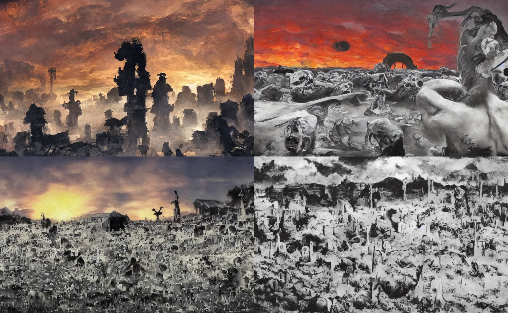 Prompt: backlight on graveyard with skulls on the ground ,backlight on silhouette of a muscular skeleton watching nuclear explosion in far background, sunset cloudy panorama by frank frazetta