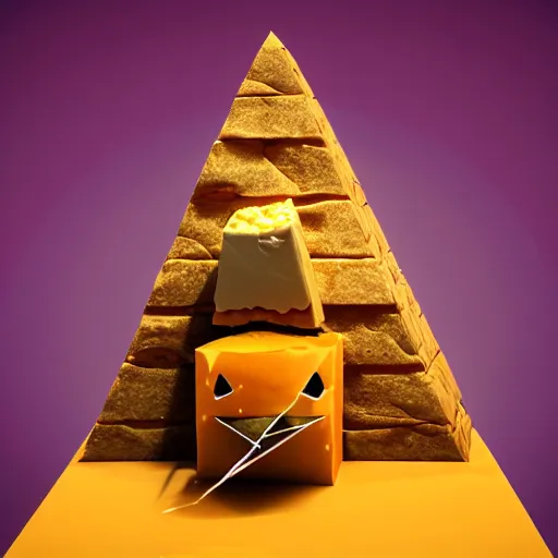 Prompt: Pyramid made of cheese, with a cat head on top, a giant guitar being played, atmospheric octane render