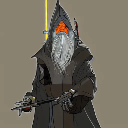 Prompt: cyberpunk robotic gandalf, sharp lines, digital, artstation, colored in