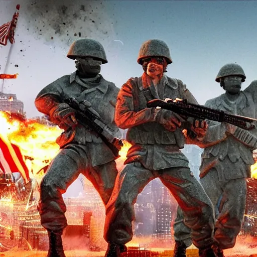 Image similar to The war between the Soviet Union and America, the action takes place in New York, far away against the background of the Statue of Liberty, a lot of soldiers and military equipment, a lot of explosions and tracer bullets, a lot of ruins, a very epic battle, The style of photography of the 80s, very detailed and detailed style