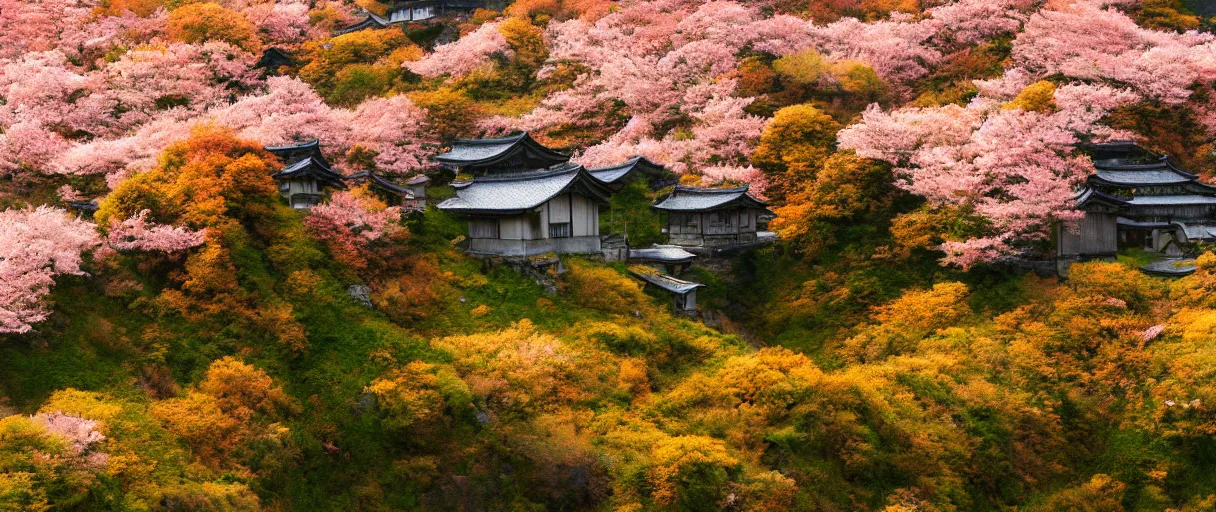 Prompt: a highly detailed, 4 k, alpine landscape with a cottage, dense sakura trees, fall, rural japan, new pixiv artist,