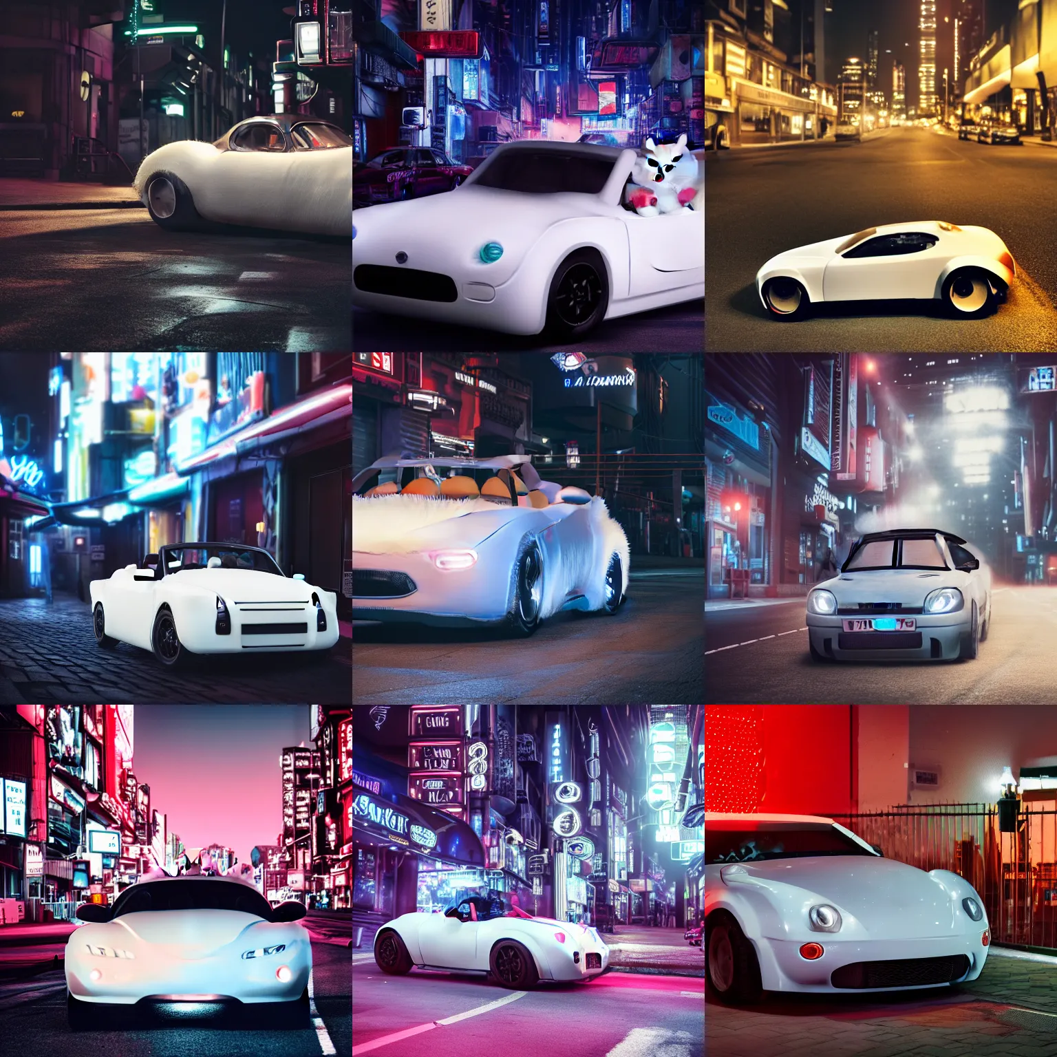 Prompt: a fluffy roadster covered with white fur and looked like the body of a British Shorthair cat, with cool headlights, parking in the street, Cyberpunk, neon light, 4k, hd, highly detailed