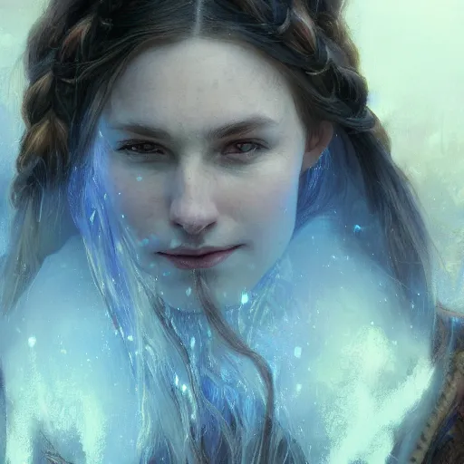 Prompt: closeup portrait of an mage, cloth, blue hour, dungeons and dragons character, dramatic lighting, female, brown hair, celtic braid, castle background, gorgeous view, realistic, high detail, digital art, painted by greg rutkowski, painted by jeremy mann, painted by alphonse mucha, trending on artstation