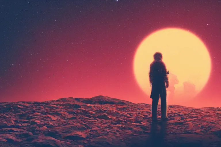 Prompt: wide shot of an old white skinny labradoodle on mars, distant background, red lighting, ominous, gloomy, moonlight, bokeh, depth of field, synthwave, psychedelic, glitch, acrylic, flooko, detailed, cybernetic, sci-fi, glows,