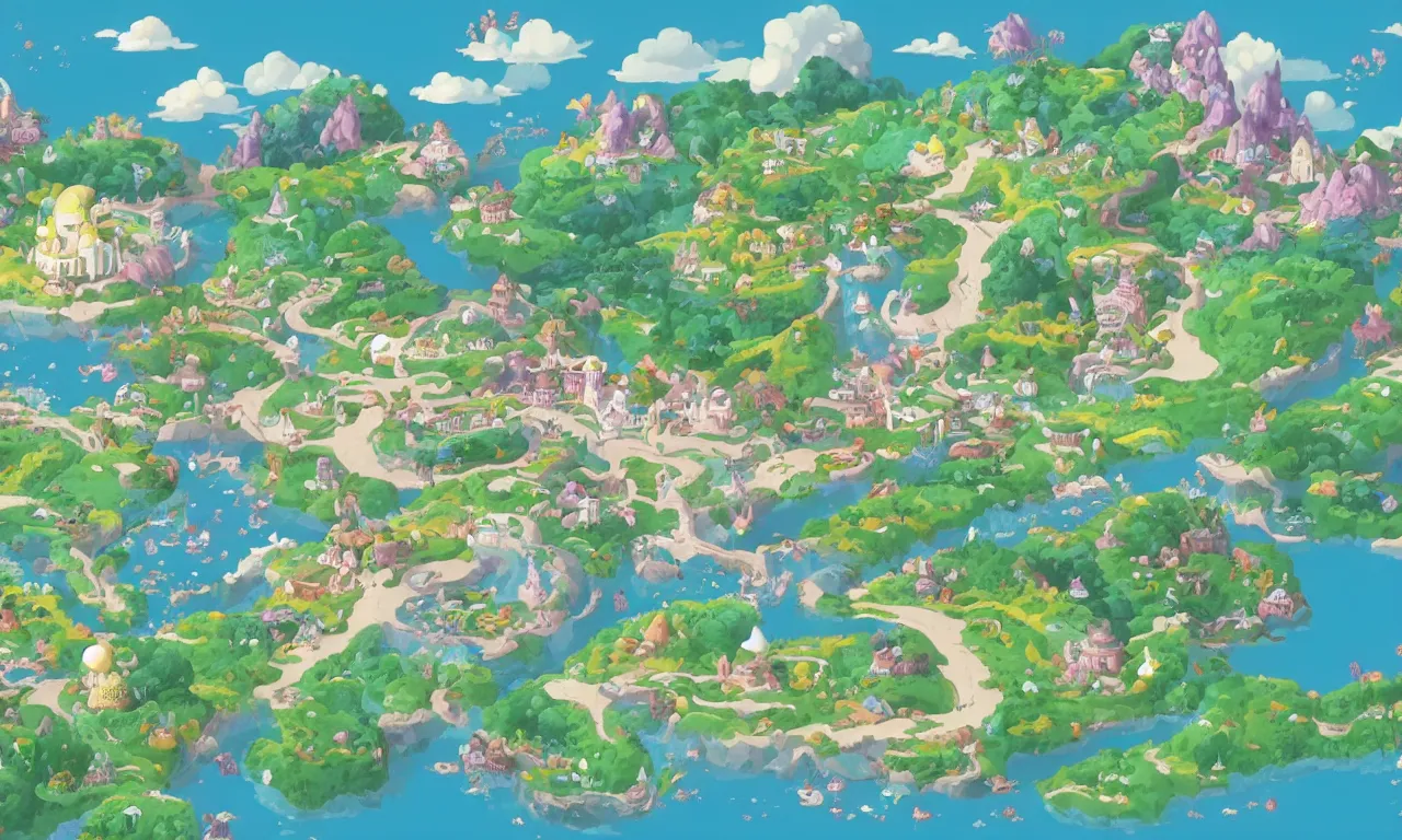 Prompt: a map of a fantasy land, a storybook illustration, featured on behance, magical beautiful landscape, 2 d game art by chiho aoshima, by studio ghibli
