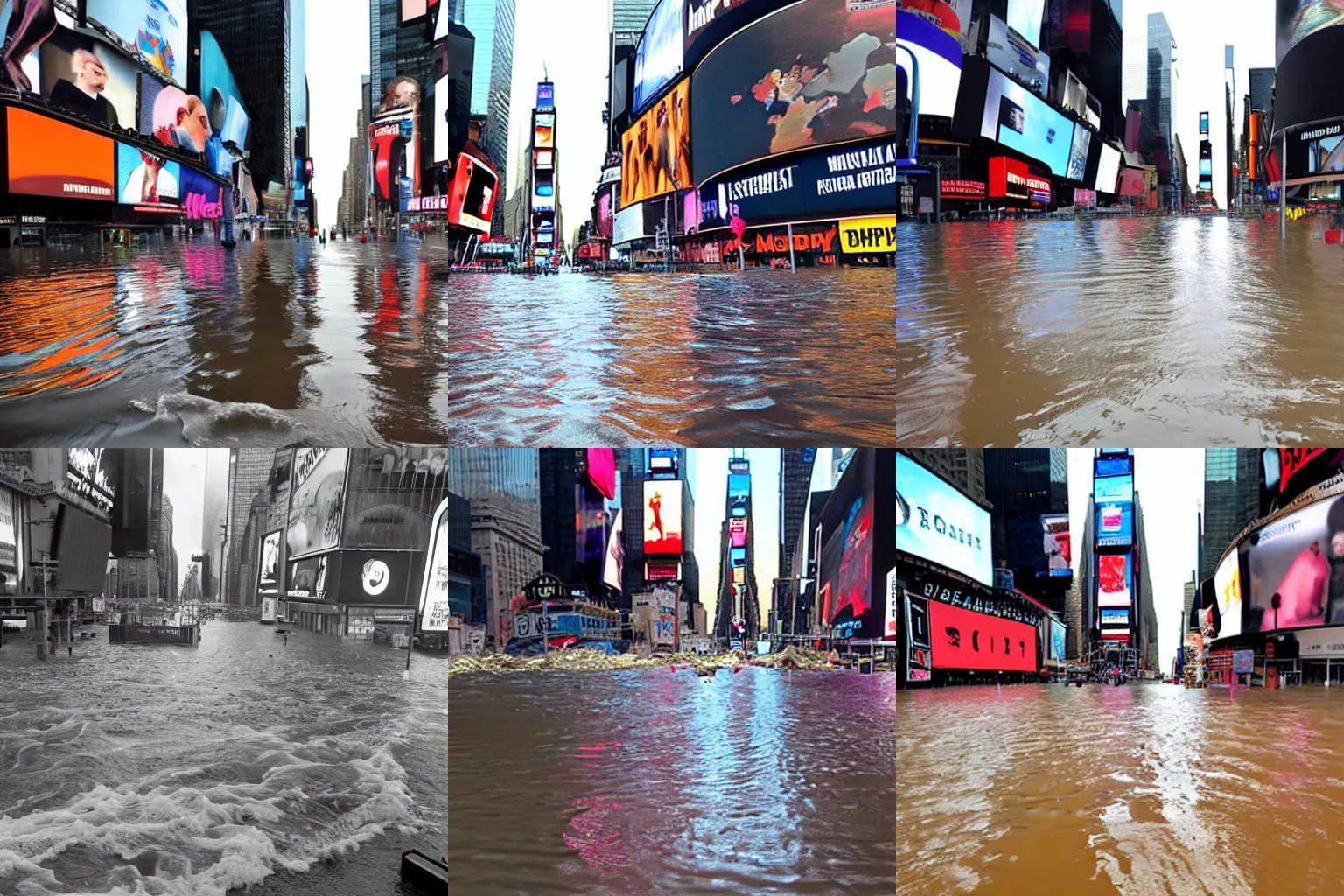 Prompt: Times Square under 14 feet of water, detailed photograph showing the devastation