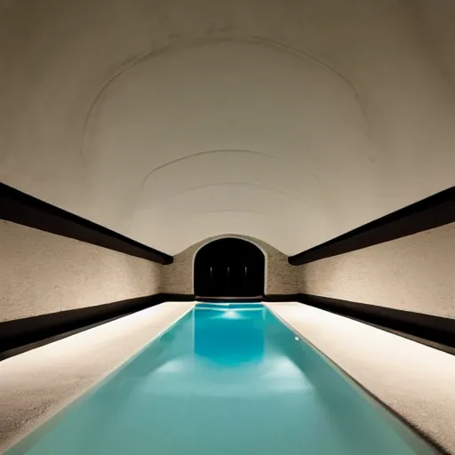 Prompt: a dimly lit underground pool made of white stone, rounded roof, curved architecture, surreal, liminal, eerie, minimalist, photo,