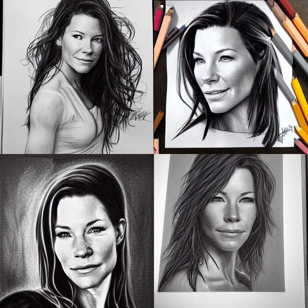Prompt: Black and white pencil sketch portrait of Evangeline Lilly, trending on instagram, photorealistic