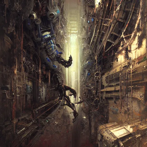 Image similar to biomechanical cyborg, cyberpunk noir by gustave dore and gustave moreau and beksinski and giger and craig mullins and jeremy mann