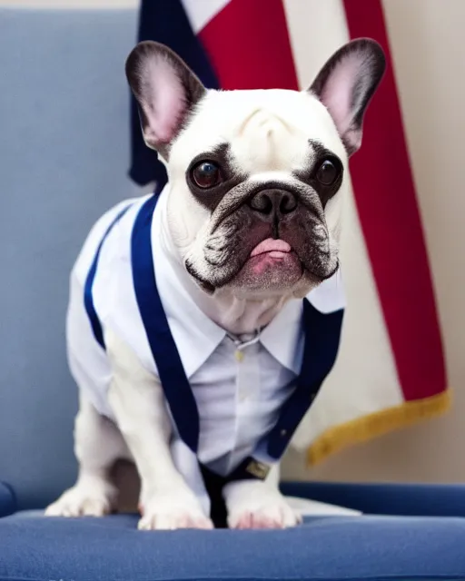 Image similar to White French Bulldog wearing a suit in the Oval Office with a flag in the background, detailed and intricate