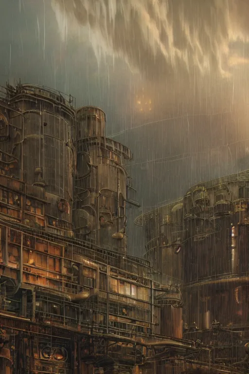 Image similar to a highly detailed matte painting of a soviet steampunk nuclear power station in lightning storm and heavy rain by studio ghibli, makoto shinkai, by artgerm, by wlop, by greg rutkowski, volumetric lighting, octane render, 4 k resolution, trending on artstation, masterpiece