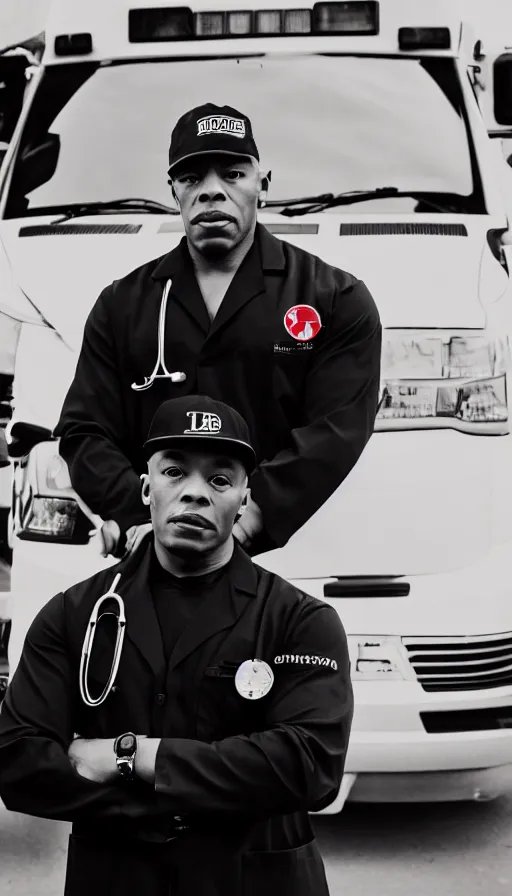 Prompt: dramatic award winning photo dr. dre wearing a stethoscope, lab coat, black baseball cap, in front of an ambulance outside of a hospital, low angle shot, cinematic lighting