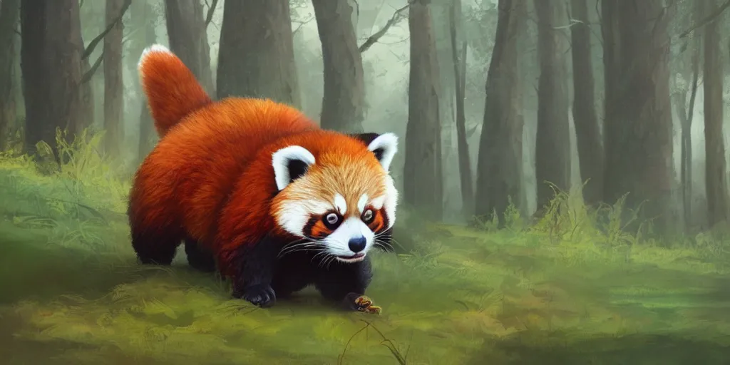 Prompt: Cute red panda walks in the woods, trending on artstation, 30mm, by Noah Bradley