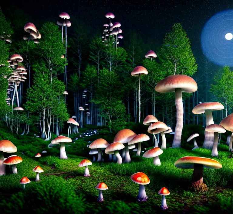 Image similar to hyperrealism photography hyperrealism concept art of highly detailed glowing with a million different species of mushrooms in forest at night highly detailed futuristic ( fantasycore ) city by wes anderson and hasui kawase and scott listfield sci - fi style hyperrealism rendered in blender and octane render volumetric natural light