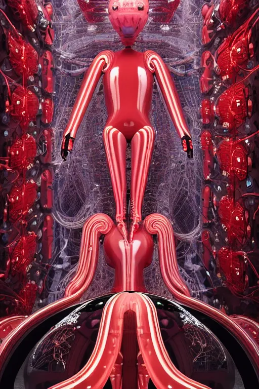 Image similar to background space station, red baroque inflateble dress iris van herpen positing on floor, helmet instead of a head, perfect symmetrical, full body shot, inflateble shapes, wires, tubes, veins, jellyfish, white biomechanical details, wearing epic bionic implants, masterpiece, intricate, biopunk, vogue, highly detailed, artstation, concept art