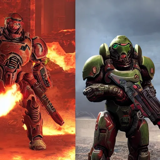 Image similar to doom slayer in power armor, doom eternal and fallout 4 crossover, photography