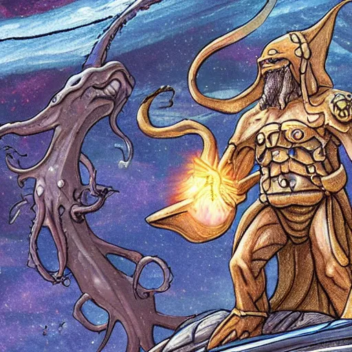 Prompt: a space wizard near the ocean fighting a kraken