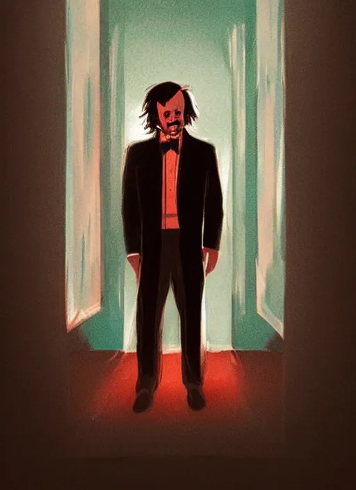 Image similar to young jack nicholson as jack torrance from the shining ( 1 9 8 0 ) portrait illustrated by rossdraws, calm depressed expression, vivid colors, soft lighting, digital artwork 4 k, best of artstation