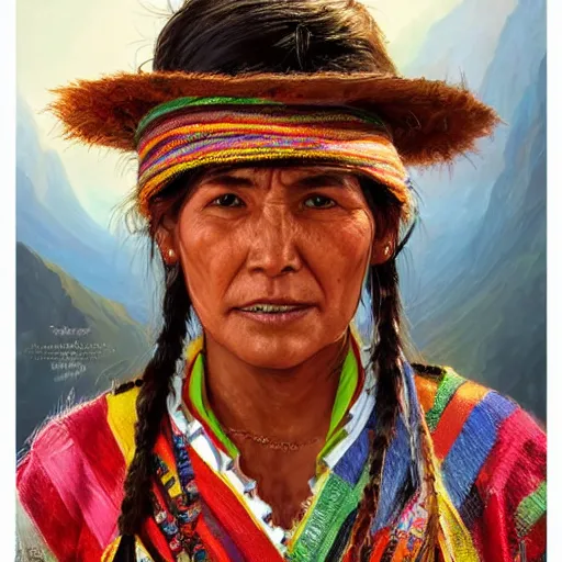 Image similar to portrait of a bolivian woman ( 3 5 ) from bolivia in 2 0 2 1, an oil painting by ross tran and thomas kincade