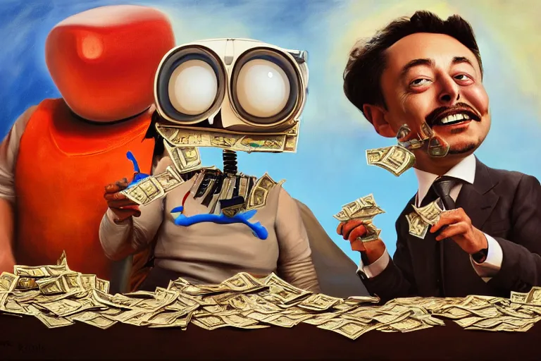 Image similar to Salvador Dali, WALL-E and Elon Musk counting money and holding keys, oil on canvas, artstation, portrait, masterpiece, aesthetic