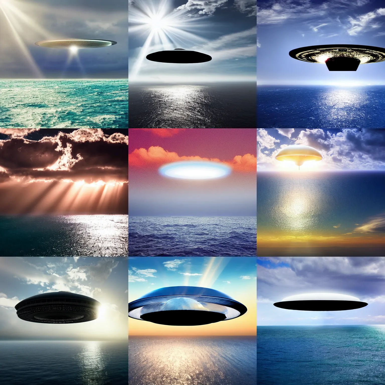 Prompt: A huge UFO over the transparent ocean. The sky is very cloudy with some sun light rays passing through