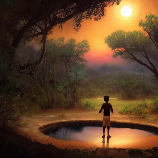 Prompt: a breathtaking 8 k resolution matte painting of a black boy discovering a lush desert oasis with a glowing reflective pond and fireflies at sunset, in a symboloic and meaningful style, by marc simonetti.