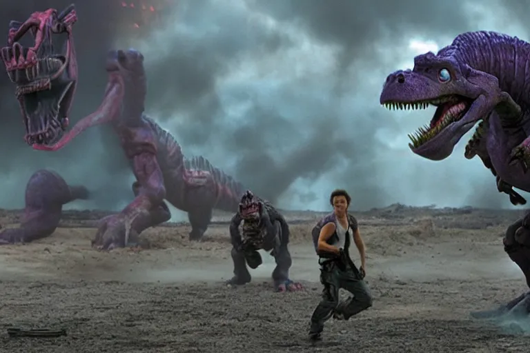 Image similar to VFX movie where Barney the Dinosaur plays the Terminator by James Cameron