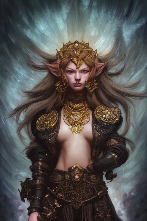 Image similar to full body dark fantasy portrait of ganondorf like blackpink lisa+smoky eyes+front face with light flowing hair, ultradetail face, art and illustration by tian zi and craig mullins and WLOP and alphonse mucha, fantasy, intricate complexity, human structure, human anatomy, fantasy character concept, watermark, blurry, hyperrealism 8k