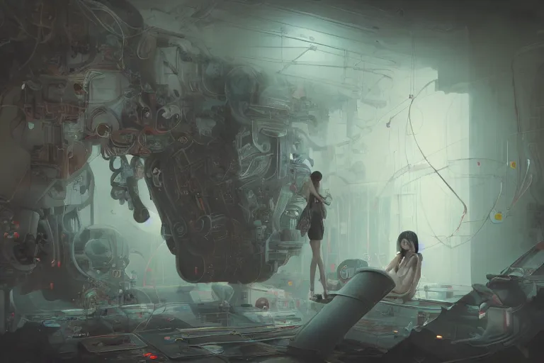 Image similar to hyperrealistic photography of a machine entering female human host in the style of Jin Kagetsu, James Jean and wlop, highly detailed, sharp focus, intricate concept art, digital painting, ambient lighting, 4k, artstation