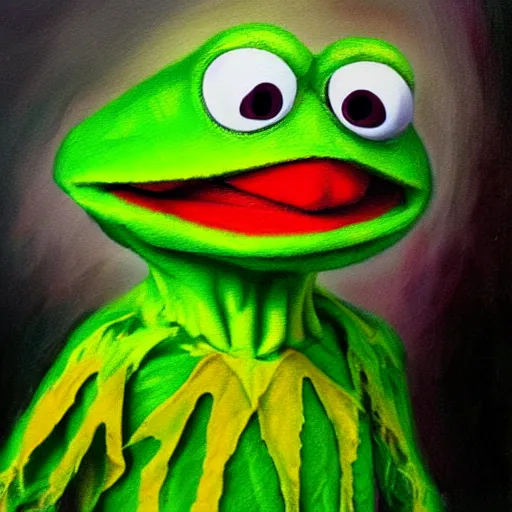 Image similar to A portrait painting of Kermit the Frog in the style of Tim Burton