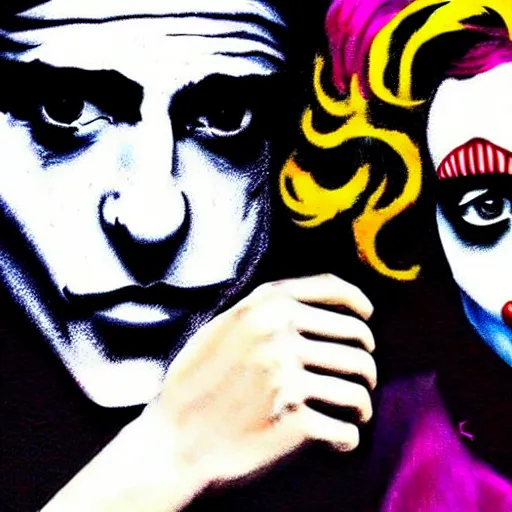 Image similar to mimmo rottela and banksy as joaquin phoenix skinny joker holding hand lady gaga harley queen, photorealistic, intricate details, pop art style, baroque, hyperdetailed, concept art, ultrarealistic, 3 colors, smooth, sharp focus