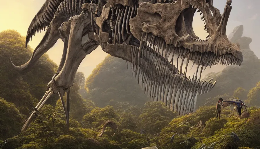 Image similar to A highly detailed matte painting of the huge dinosaur skeleton fossil, by Studio Ghibli, Makoto Shinkai, by Artgerm, by beeple, by Greg Rutkowski, volumetric lighting, octane render, 4K resolution, trending on artstation, masterpiece