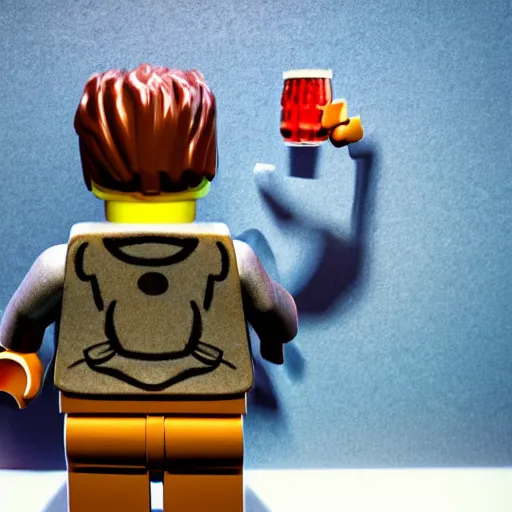 Prompt: photorealistic shot lego - man with a beer single glass of bear in hand medium shot high detailed, beautiful perfectly detailed, high quality realistic, cinematic