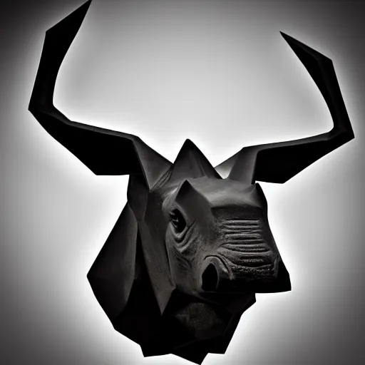 Image similar to rhino head made of black cast iron on a black background. gothic baroque. low poly. symmetry. epic. ominous shapes. hyper detailed.