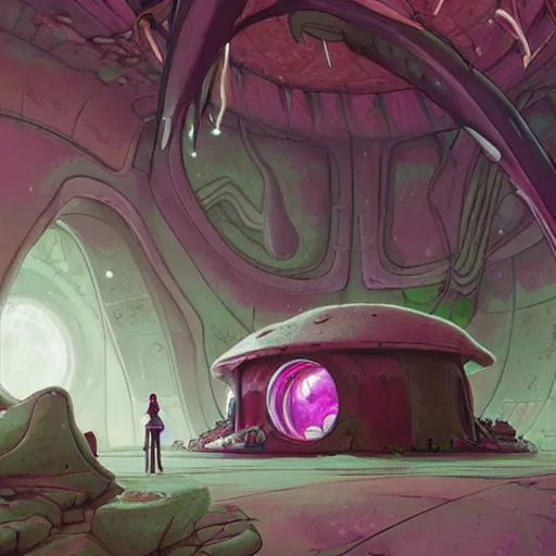 Prompt: concept art painting of a interior of a circular alien fantasy fungus house, realistic, detailed, cel shaded, magenta and gray, dark, in the style of makoto shinkai and greg rutkowski and james gurney