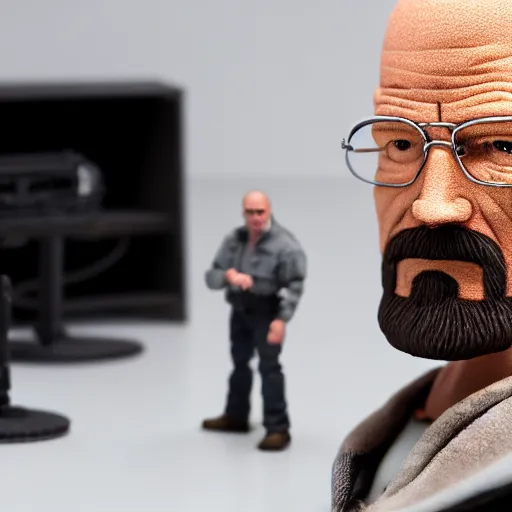 Image similar to walter white action figure, mattel, product photography, studio lighting, depth of field