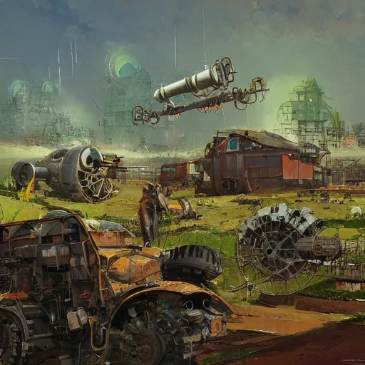 Image similar to dieselpunk concept art of a modest farm with drones and mechas working on it, grimy, gritty, dieselpunk trending on artstation, award winning painting, cgi, art by john berkey and anton fadeev and john howe and simon stalenhag