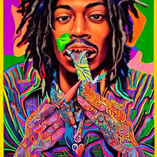 Prompt: a psychedelic painting of the rapper wiz khalifa smoking a joint surrounded by paper planes and weed by Alex Grey and Kehinde Wiley