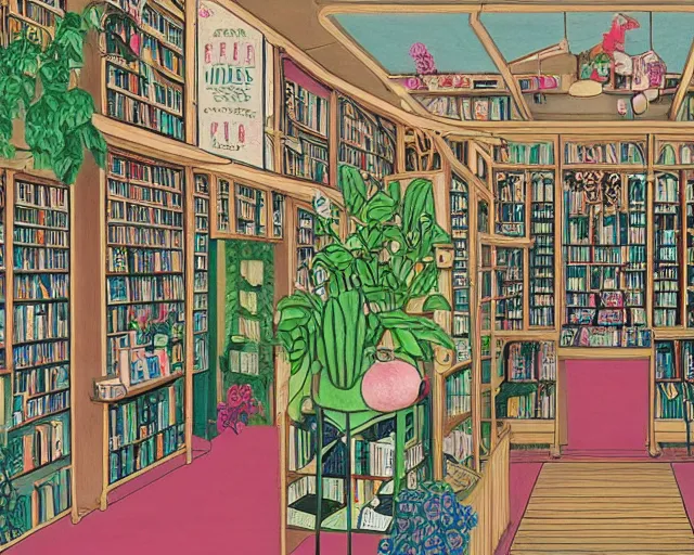 Image similar to bookstore filled with plants and cute monsters detailed pastel painting in the style of george barbier