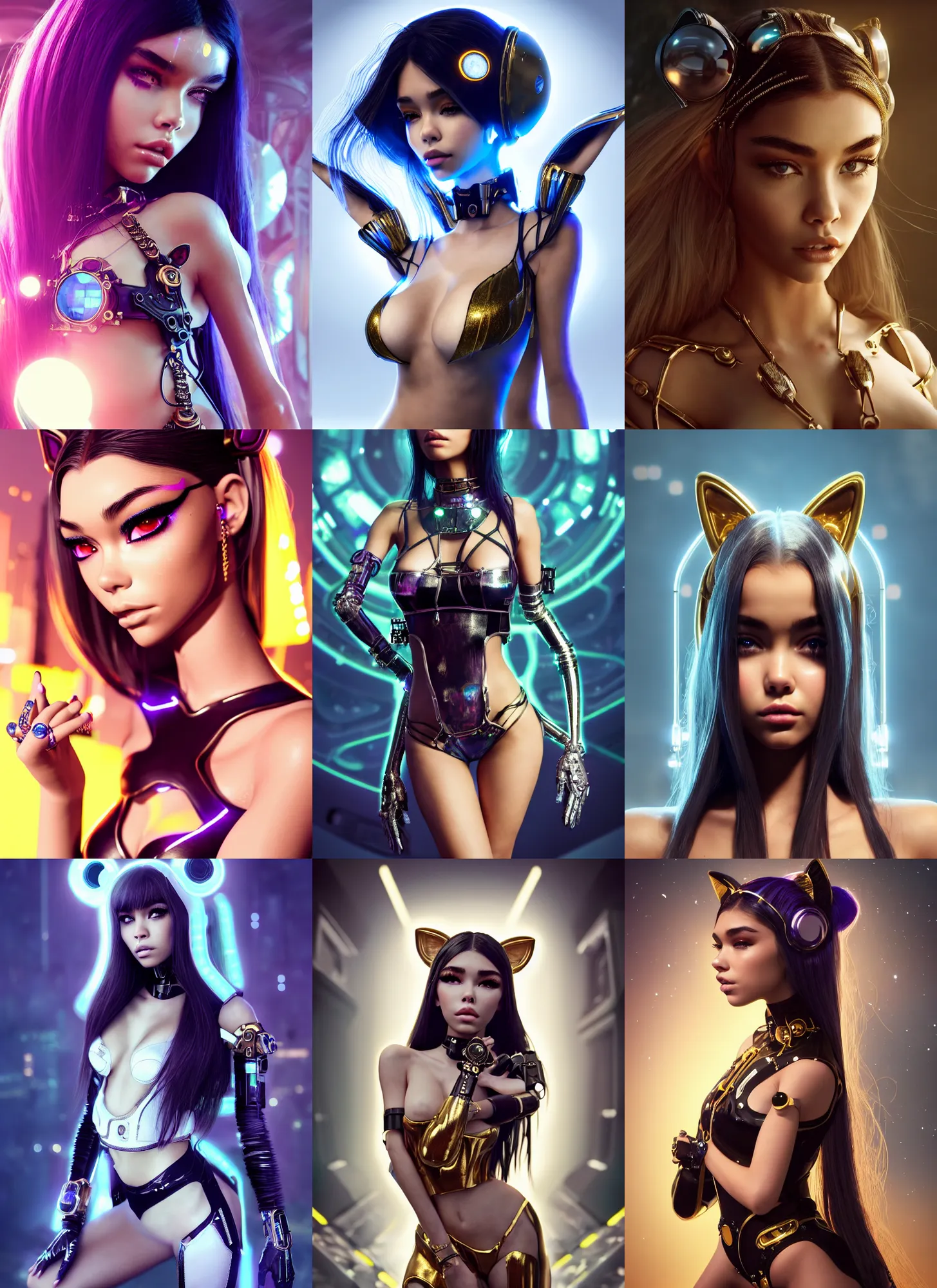 Prompt: madison beer as an edm jewelry catgirl cyborg | beautiful sweaty porcelain polished rich enticing ornate modern | weta disney movie still photo | hi - fructose, sci fi fantasy, golden ratio details, smooth, octane render, sharp focus, artstation, concept art, illustration | rutkowski, artgerm, mucha, wlop, loish |