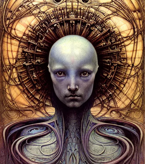 Image similar to detailed realistic beautiful young medieval alien robot grimez face portrait by jean delville, gustave dore and marco mazzoni, art nouveau, symbolist, visionary, gothic, pre - raphaelite. horizontal symmetry by zdzisław beksinski, iris van herpen, raymond swanland and alphonse mucha. highly detailed, hyper - real, beautiful, fractal baroque