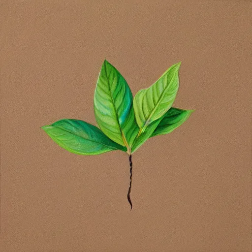 Image similar to detailed painting of a single small seedling on loose fresh earth, reveal several new leaves. muted colors and natural tones.