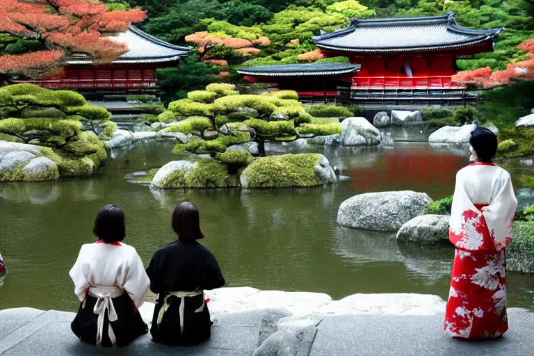 Image similar to cinematography women in kimonos in Kyoto watching joy in a temple pond by Emmanuel Lubezki