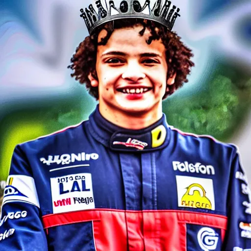 Prompt: a realistic detailed photo of a lando norris with a crown