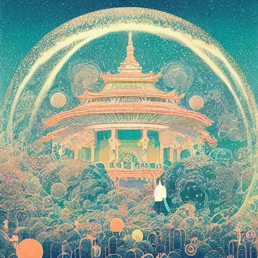 Prompt: a surreal bubble cluster with floating temple, by Victo Ngai