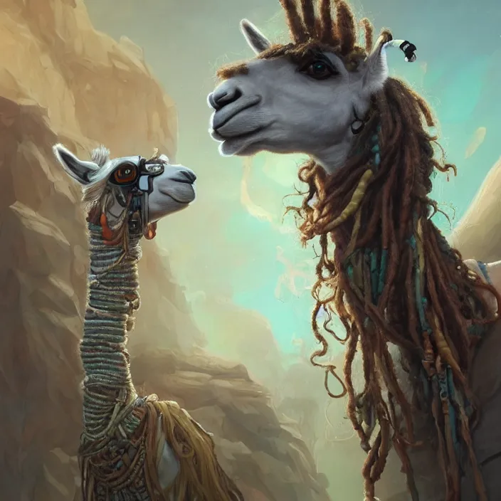 Prompt: llama with dreadlocks, industrial sci-fi, by Mandy Jurgens, Ernst Haeckel, James Jean, artstation, concept art, with beautiful colors