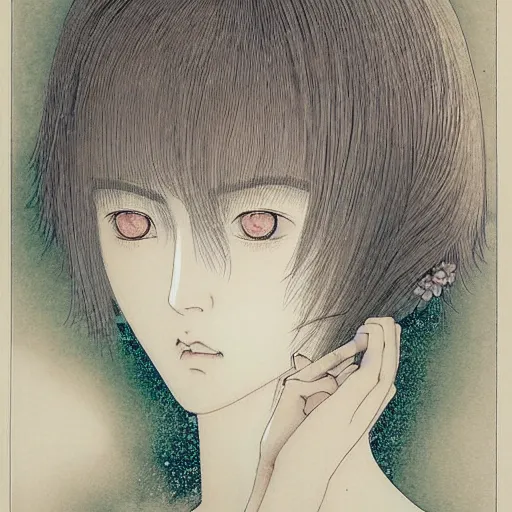 Image similar to prompt: Fragile looking soft light portrait face drawn by Takato Yamamoto and Katsuhiro Otomo, inspired by Ghost in Shell anime, magical and alchemical objects on the side, soft light, intricate detail, intricate ink painting detail, sharp high detail, manga and anime 2000