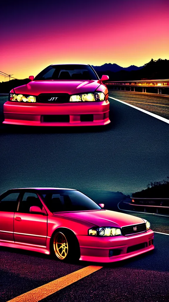 Image similar to a car drift spec JZX100 in middle of road, gunma prefecture, city sunset night, cinematic color, photorealistic, highly detailed