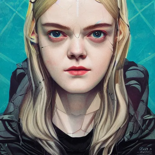 Prompt: Elle Fanning in Deus Ex picture by Sachin Teng, asymmetrical, dark vibes, Realistic Painting , Organic painting, Matte Painting, geometric shapes, hard edges, graffiti, street art:2 by Sachin Teng:4